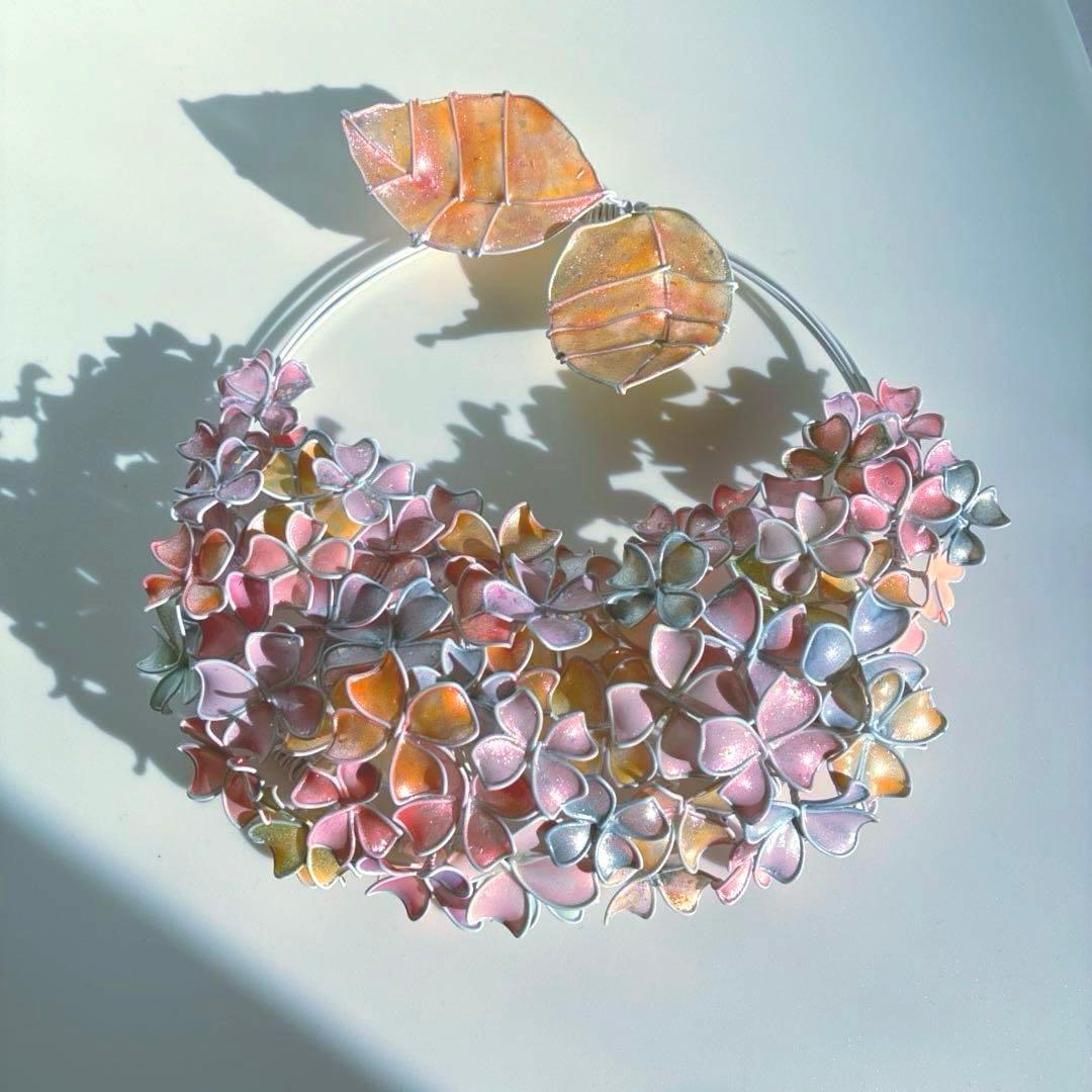 一点物　スノーピンク紫陽花リース　ワイヤークラフト　ディップアート