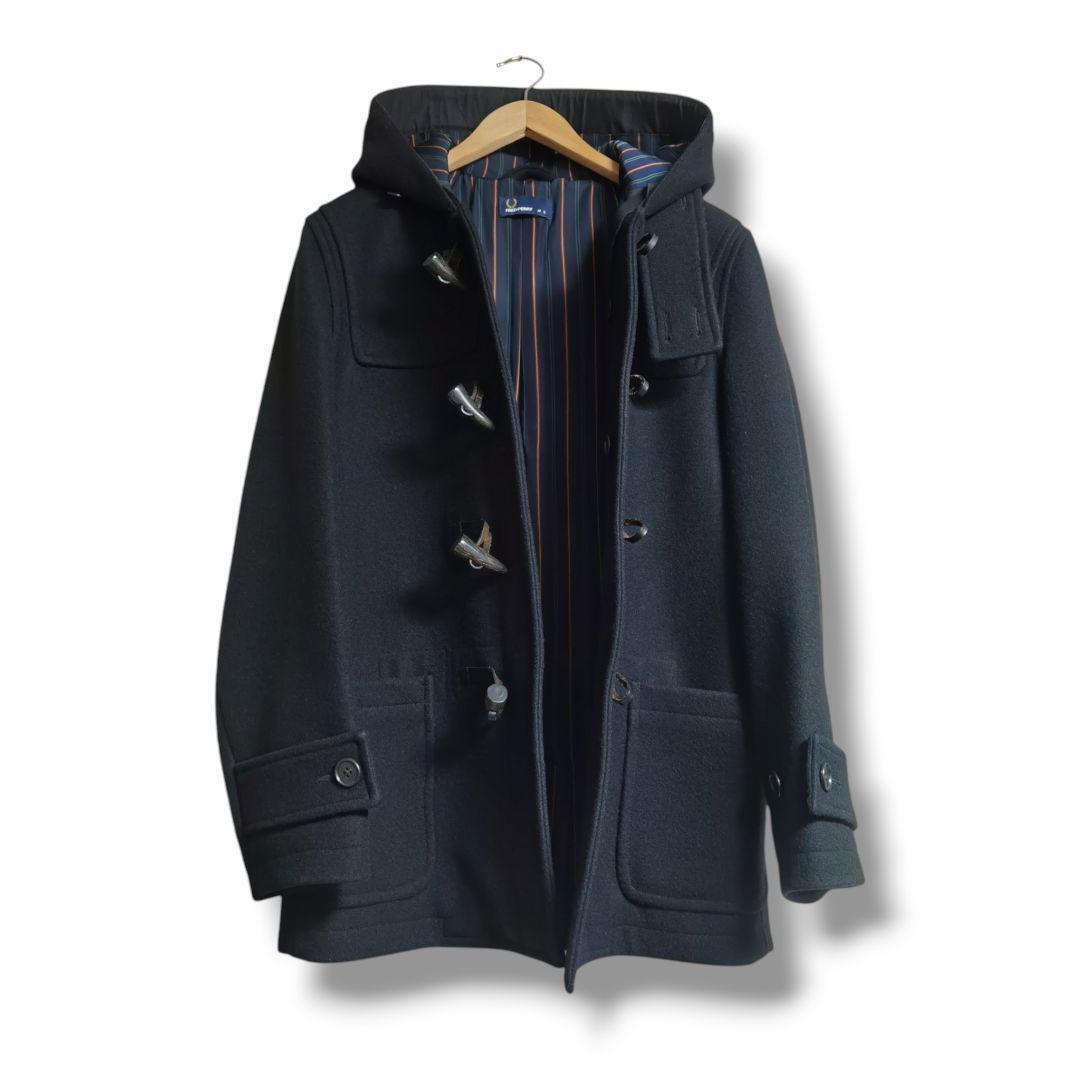 【極美品】フレッドペリー ウールダッフルコート 裏地ストライプ サイズＳ 黒