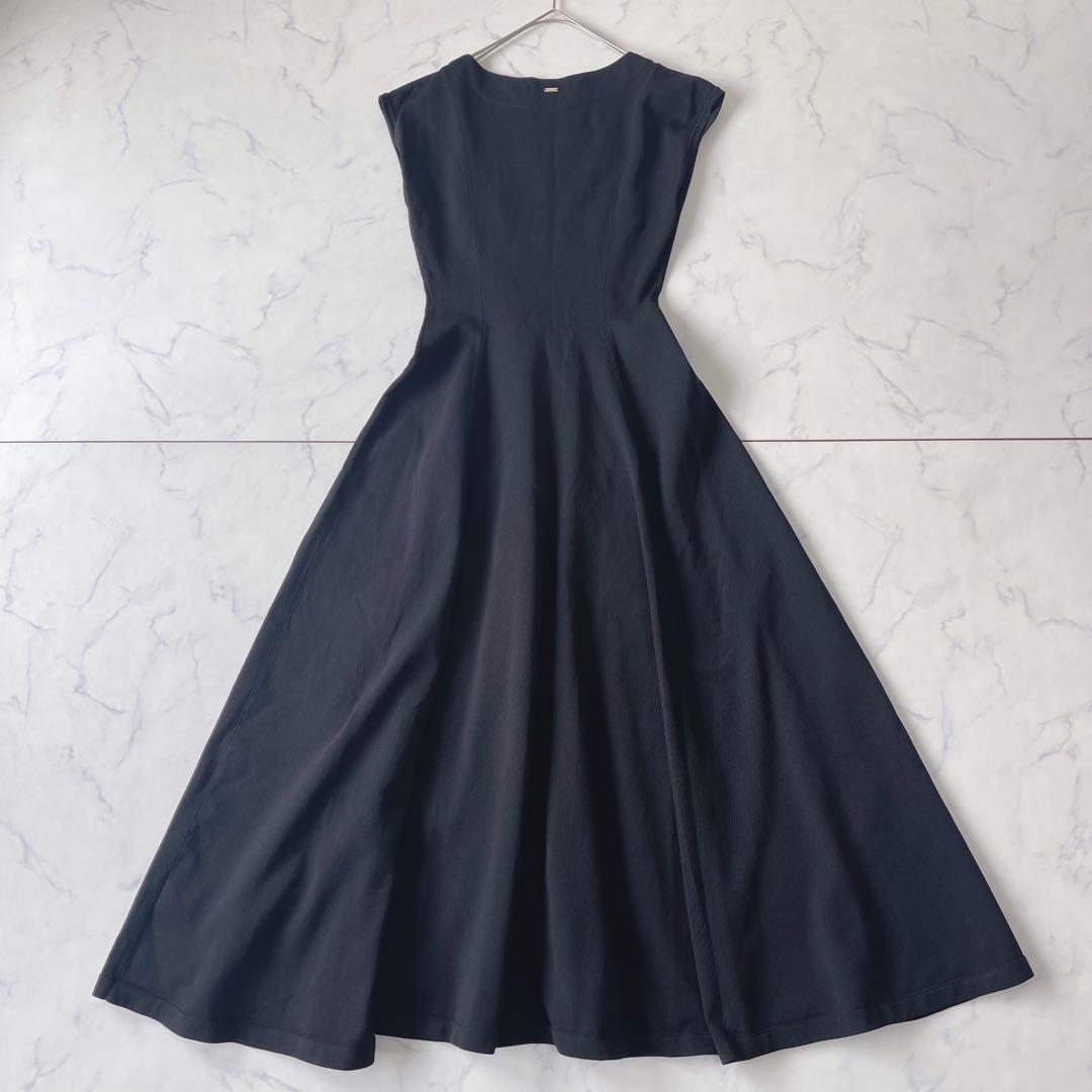 【美品】JENNE フレンチスリーブ ニット フレア ロングワンピース 黒 M