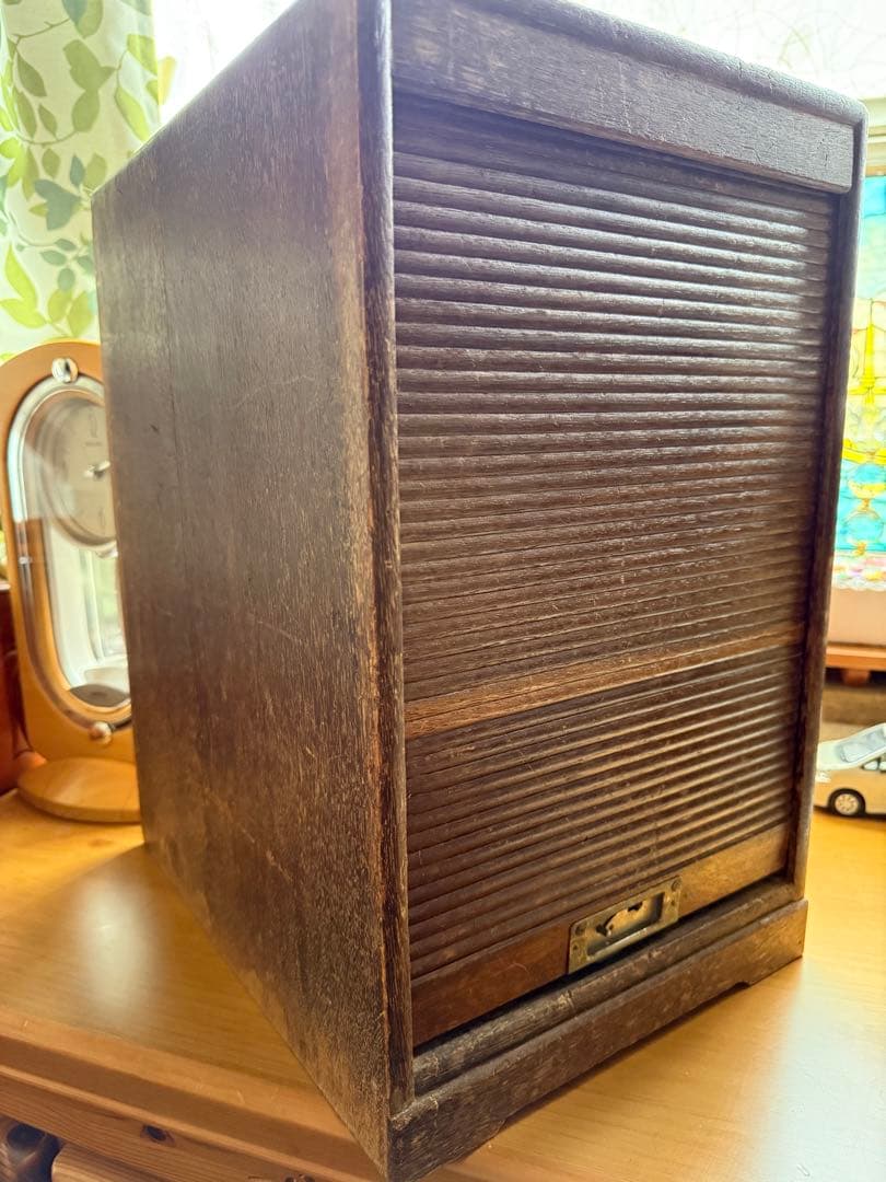 アンティーク木製スライド式蛇腹 ジャバラ扉4段引き出し収納 店舗什器