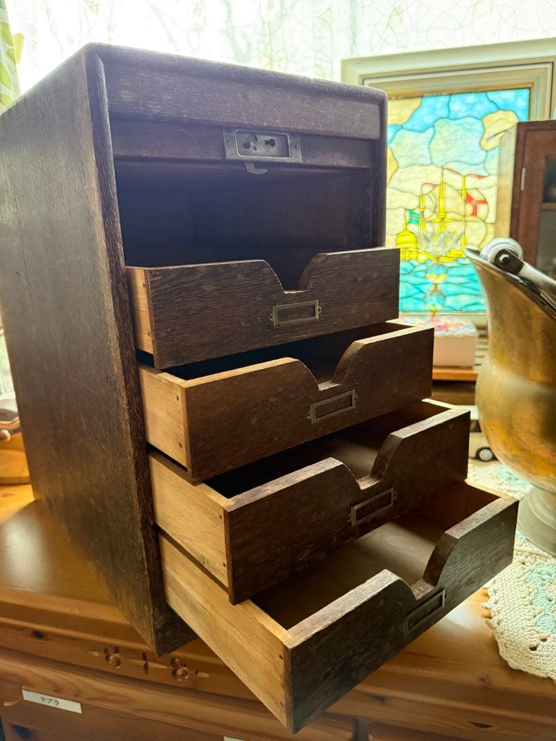 アンティーク木製スライド式蛇腹 ジャバラ扉4段引き出し収納 店舗什器