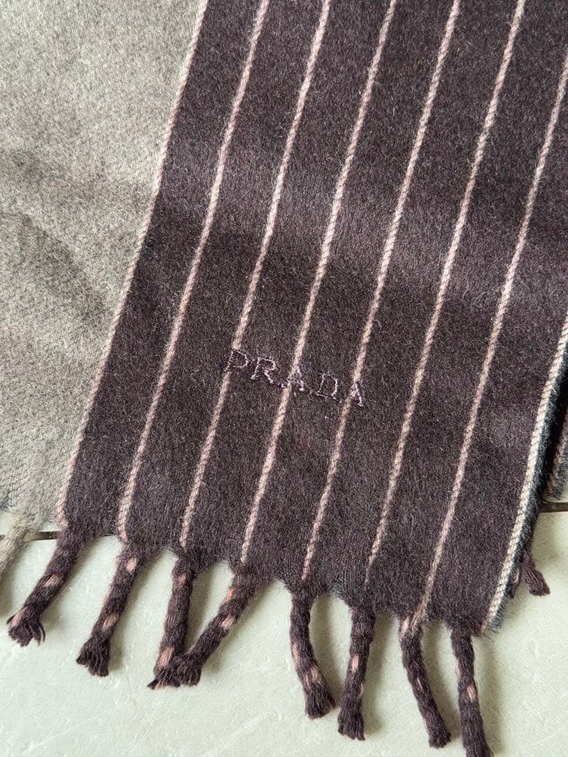 PRADA プラダ カシミヤ マフラー グレー × ブラウン ストライプ