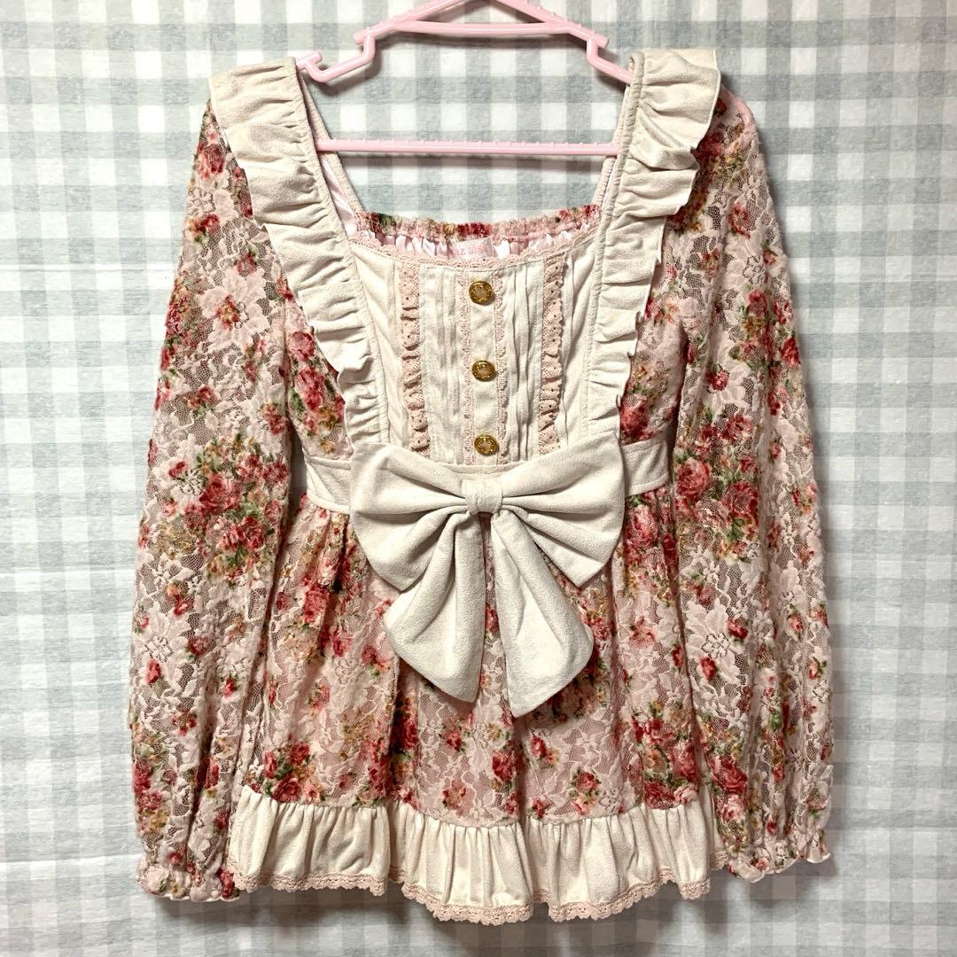 LIZLISA 希少 ピンク 薔薇柄 リボン フリル チュニック
