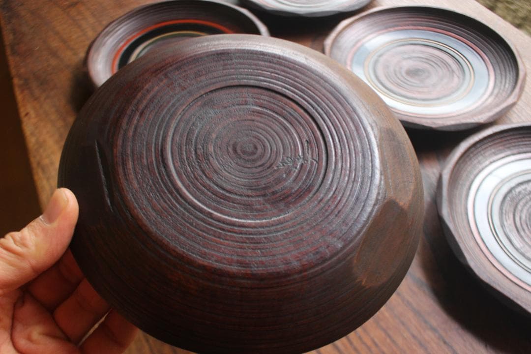 村瀬治兵衛作！極上刳り貫き地に風情ある独楽塗の美しいお皿5点（検京塗銘々皿菓子皿