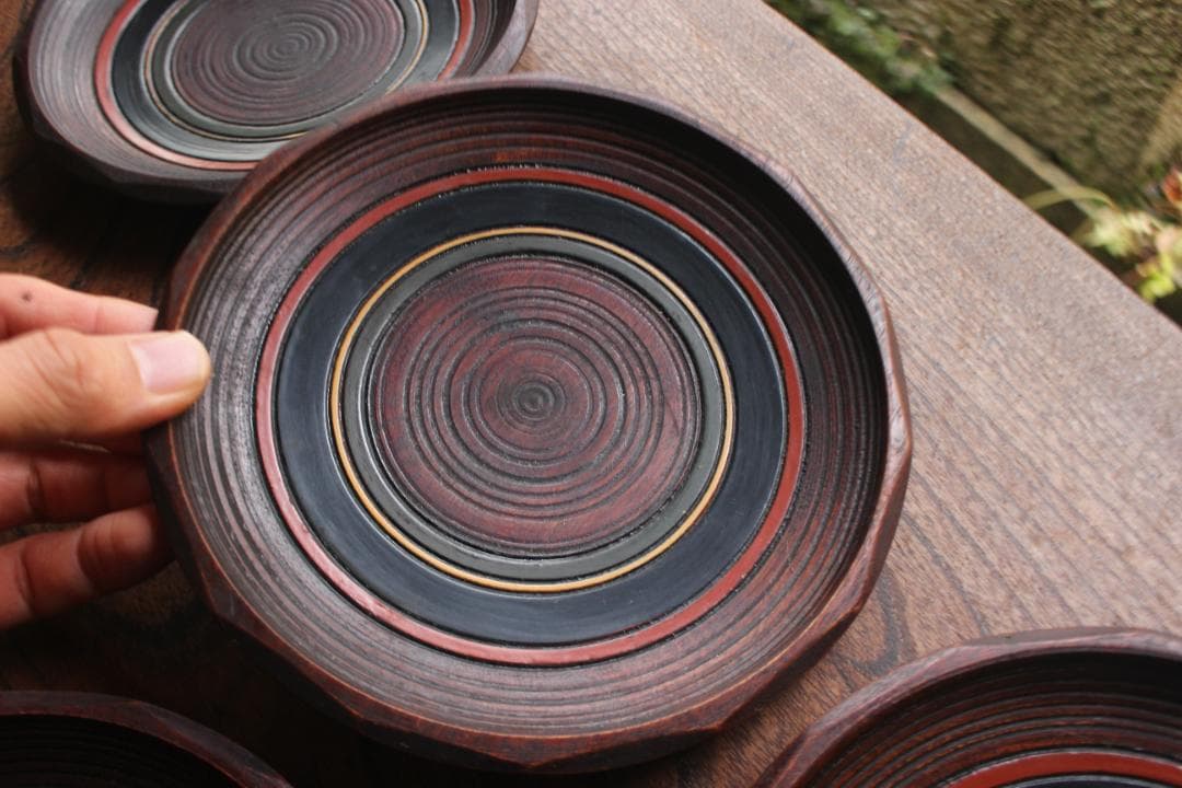 村瀬治兵衛作！極上刳り貫き地に風情ある独楽塗の美しいお皿5点（検京塗銘々皿菓子皿