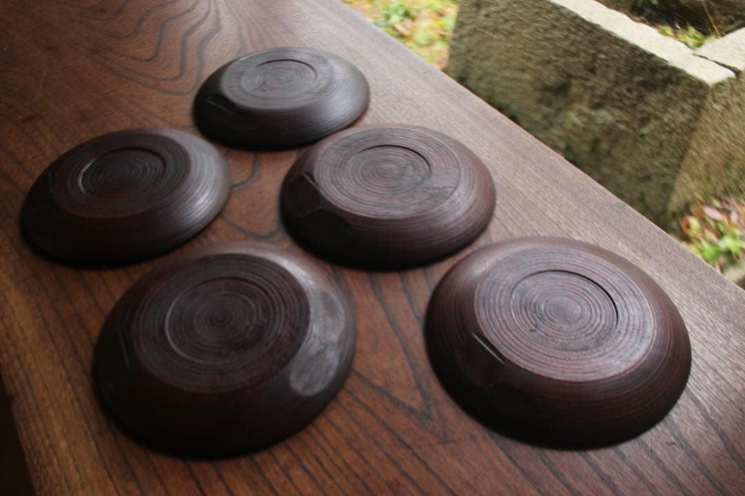 村瀬治兵衛作！極上刳り貫き地に風情ある独楽塗の美しいお皿5点（検京塗銘々皿菓子皿