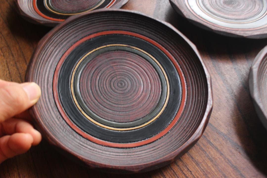 村瀬治兵衛作！極上刳り貫き地に風情ある独楽塗の美しいお皿5点（検京塗銘々皿菓子皿