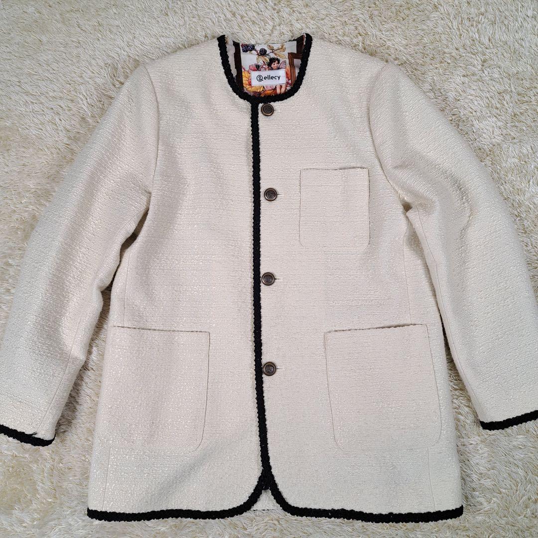 極美品　＆ellecy　ツイード　ノーカラー　ジャケット　銀ボタン