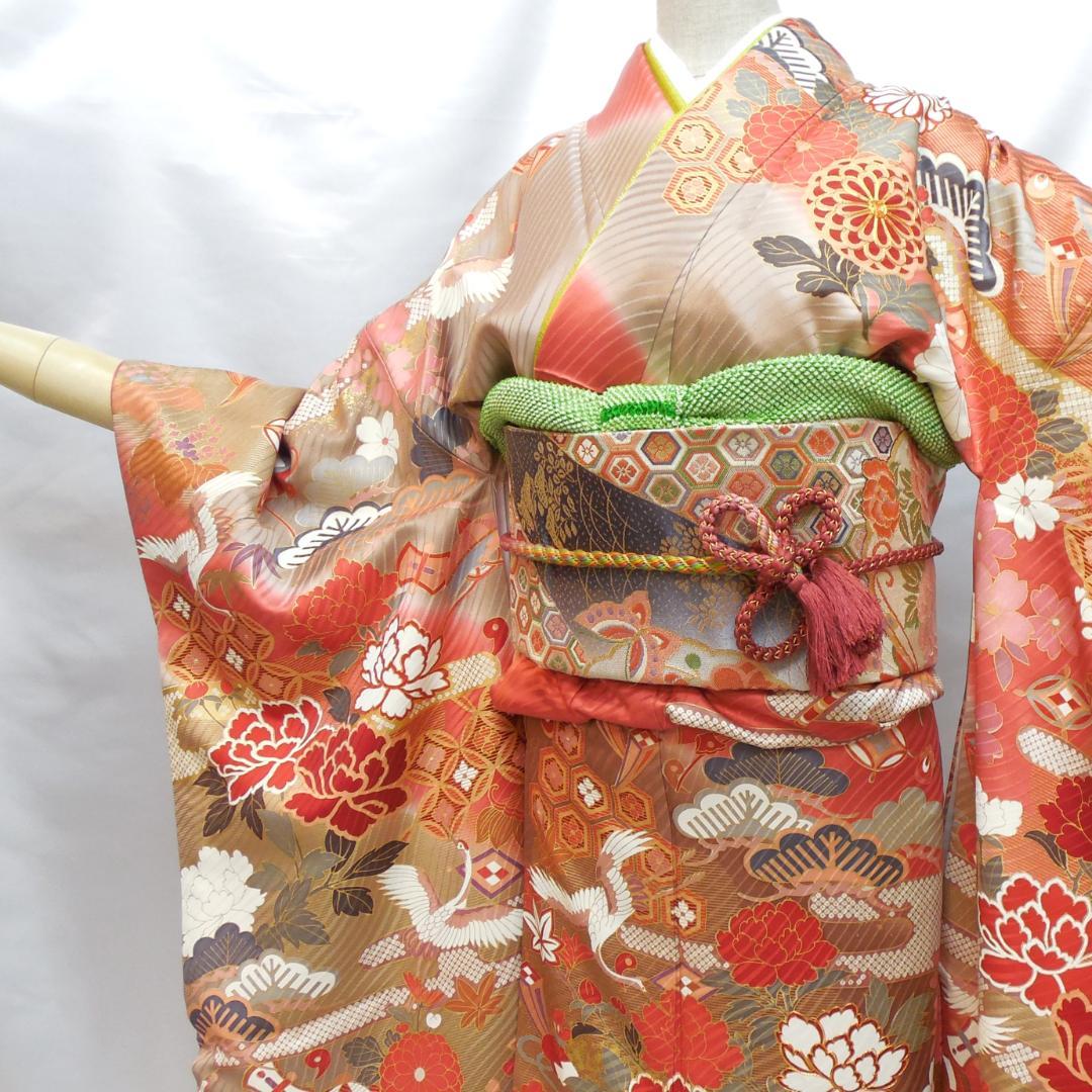未使用品★振袖フルセット　正絹　成人式　振袖　7点セット　Lサイズ　赤系　古典柄