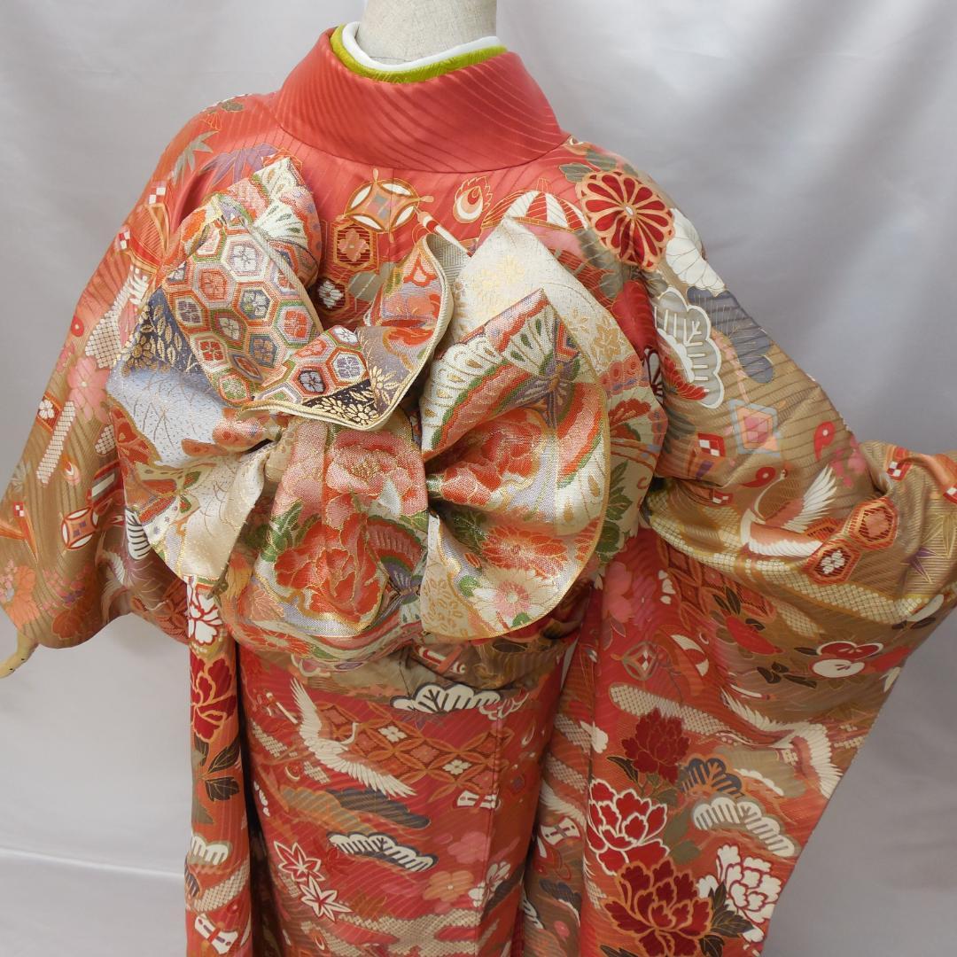 未使用品★振袖フルセット　正絹　成人式　振袖　7点セット　Lサイズ　赤系　古典柄