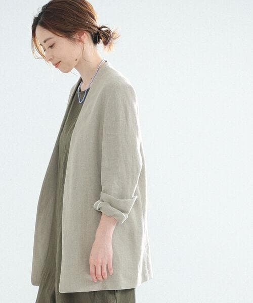 美品 ATON 23SS LINEN OXFORD ノーカラージャケット 02
