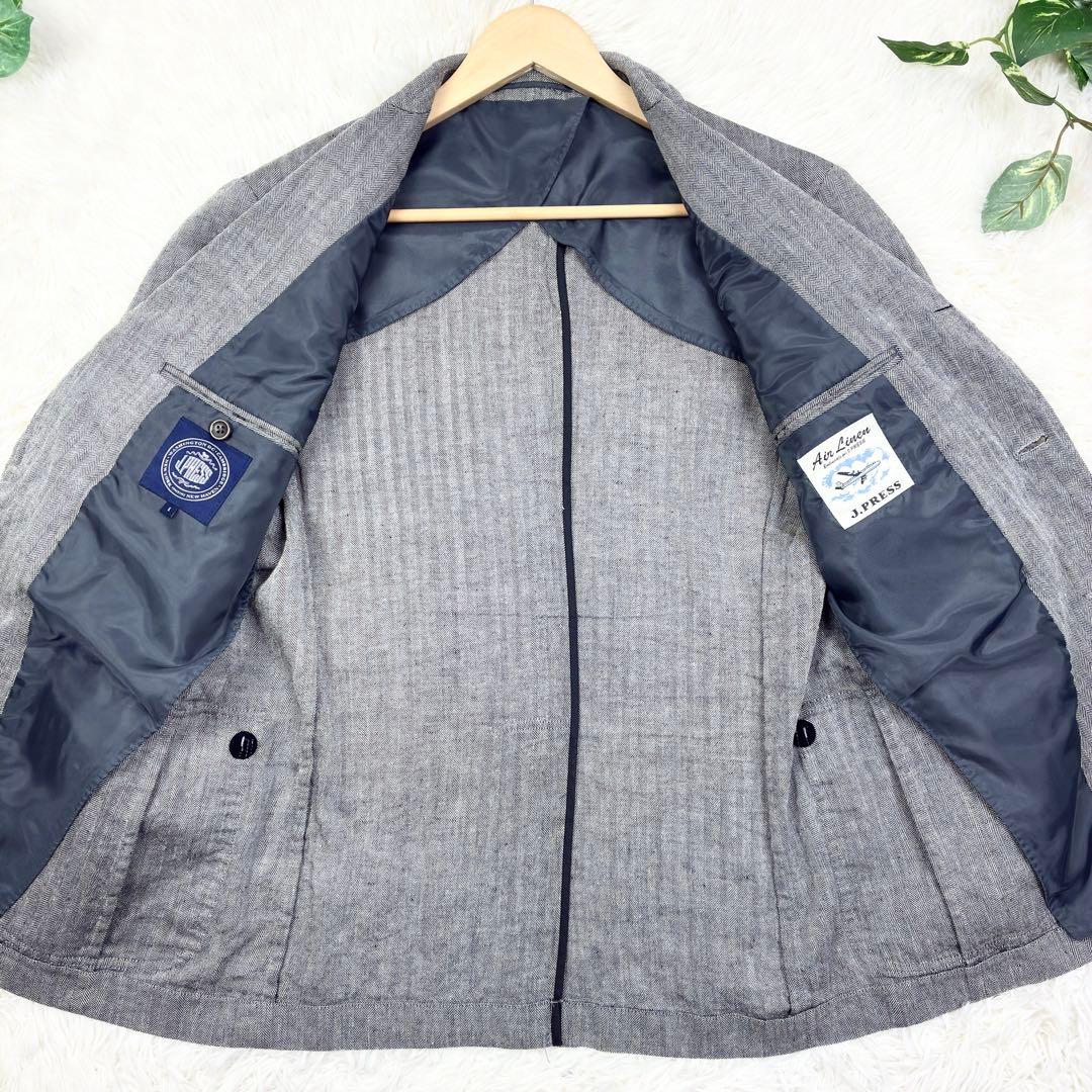 美品　ジェイプレス　ウールリネン　ヘリンボーン　アンコンジャケット　L　グレー
