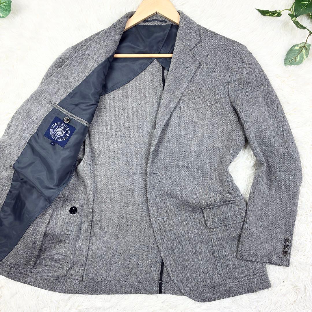 美品　ジェイプレス　ウールリネン　ヘリンボーン　アンコンジャケット　L　グレー