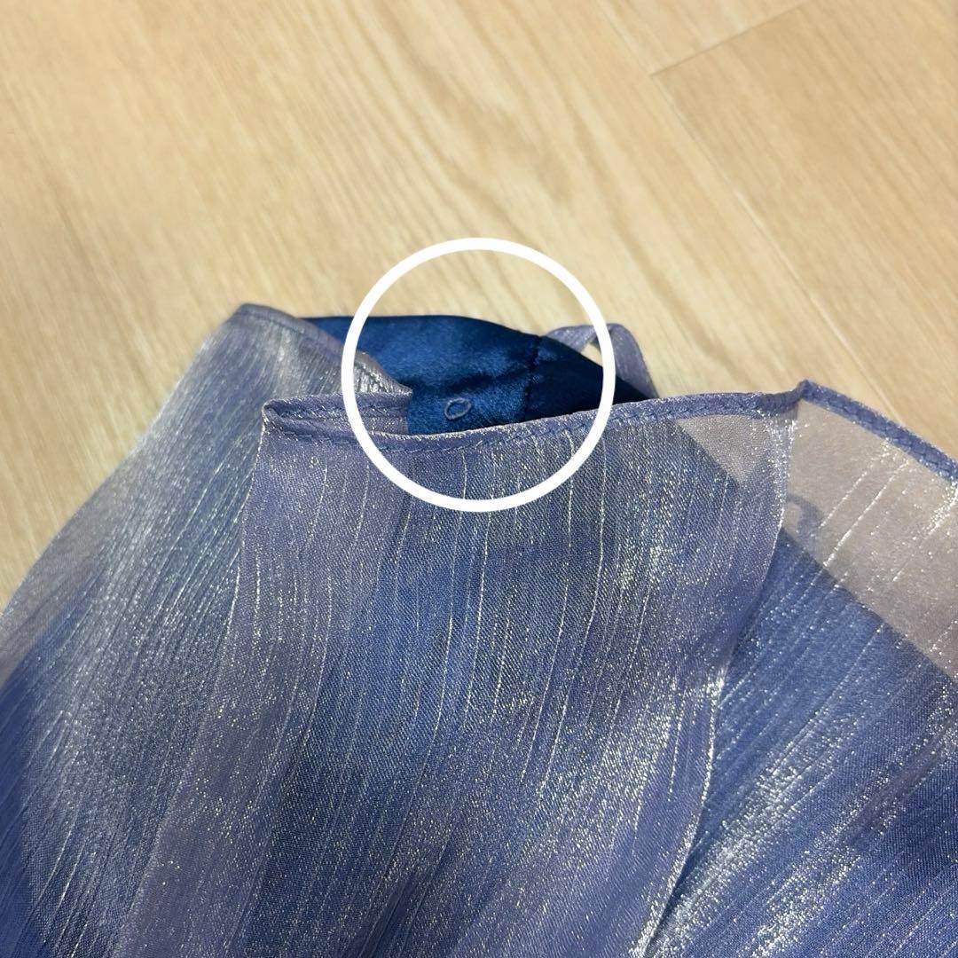 【匿名】ANNABELLE ブルーワッシャーオーガンジー胸元フリルフレアドレス