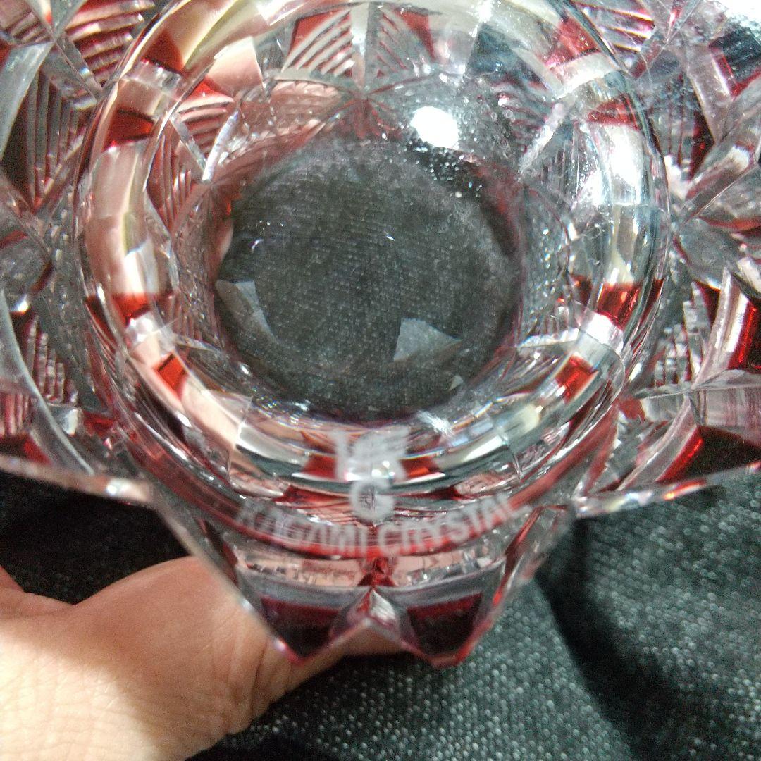 カガミクリスタル 赤被せ切子 麻の葉に笹の葉紋