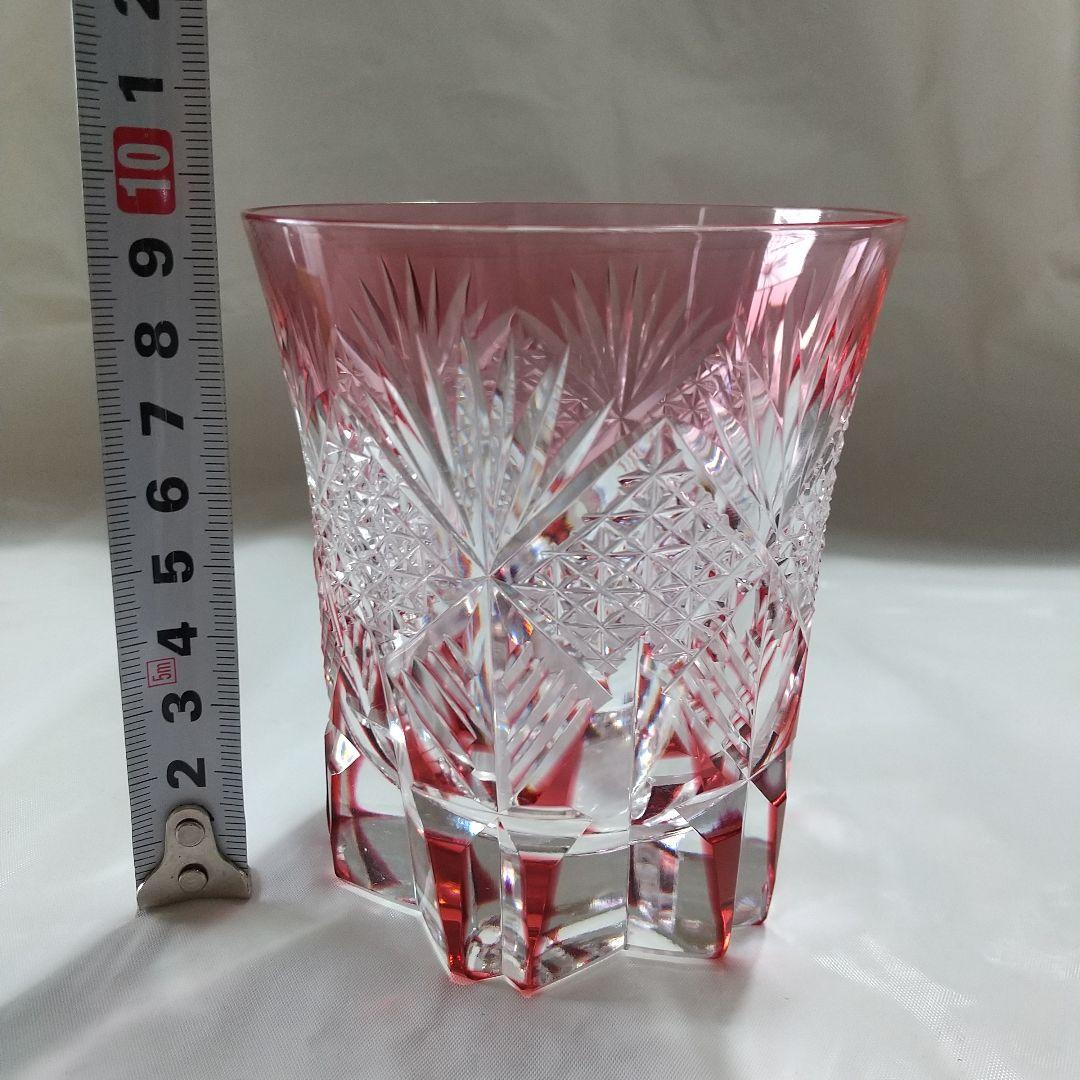 カガミクリスタル 赤被せ切子 麻の葉に笹の葉紋