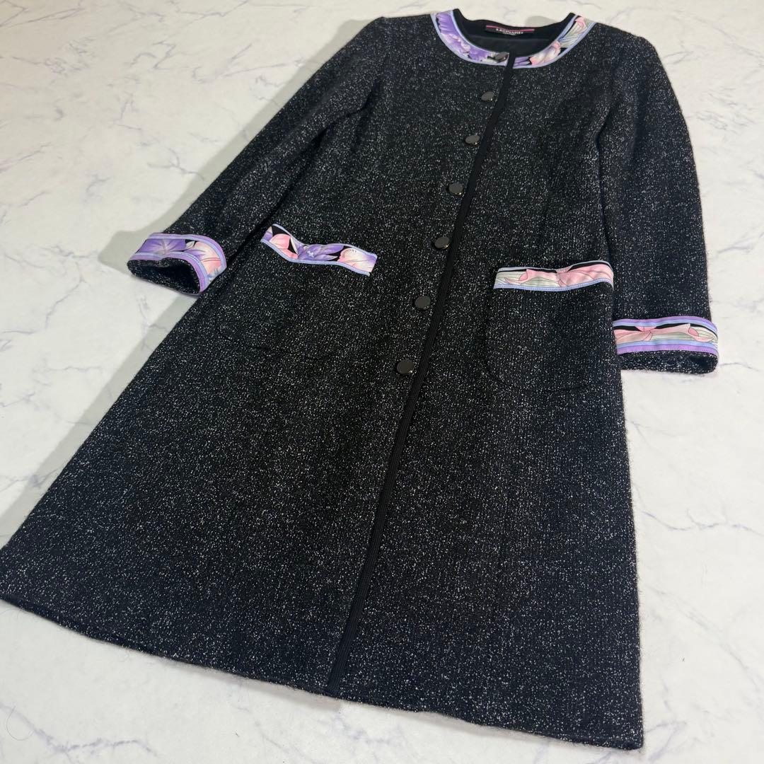 美品　LEONARD トリム　アルパカ　ウール　ノーカラーロングコート