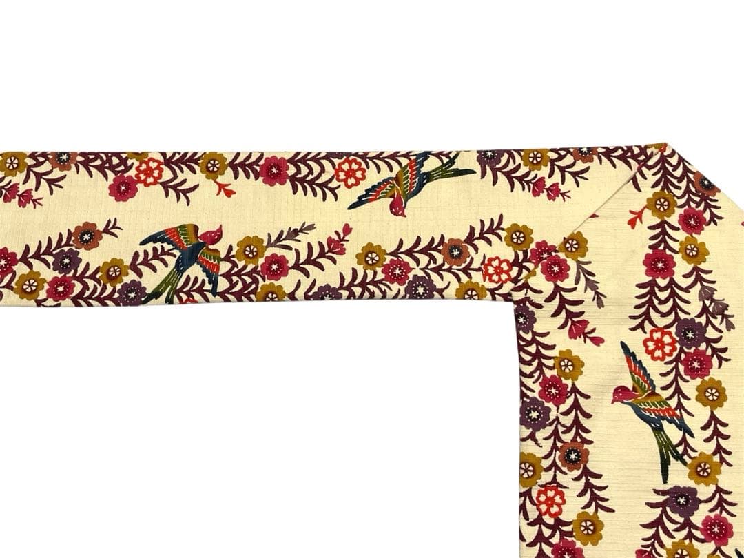 枝垂れ桜と鳥の紅型調型染め名古屋帯◇生成り色 未使用美品 染め帯 つばめ 紬地