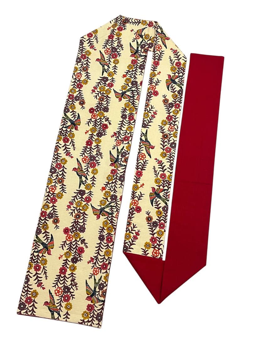 枝垂れ桜と鳥の紅型調型染め名古屋帯◇生成り色 未使用美品 染め帯 つばめ 紬地