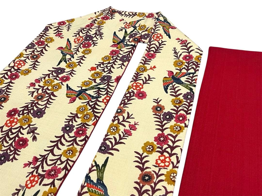 枝垂れ桜と鳥の紅型調型染め名古屋帯◇生成り色 未使用美品 染め帯 つばめ 紬地
