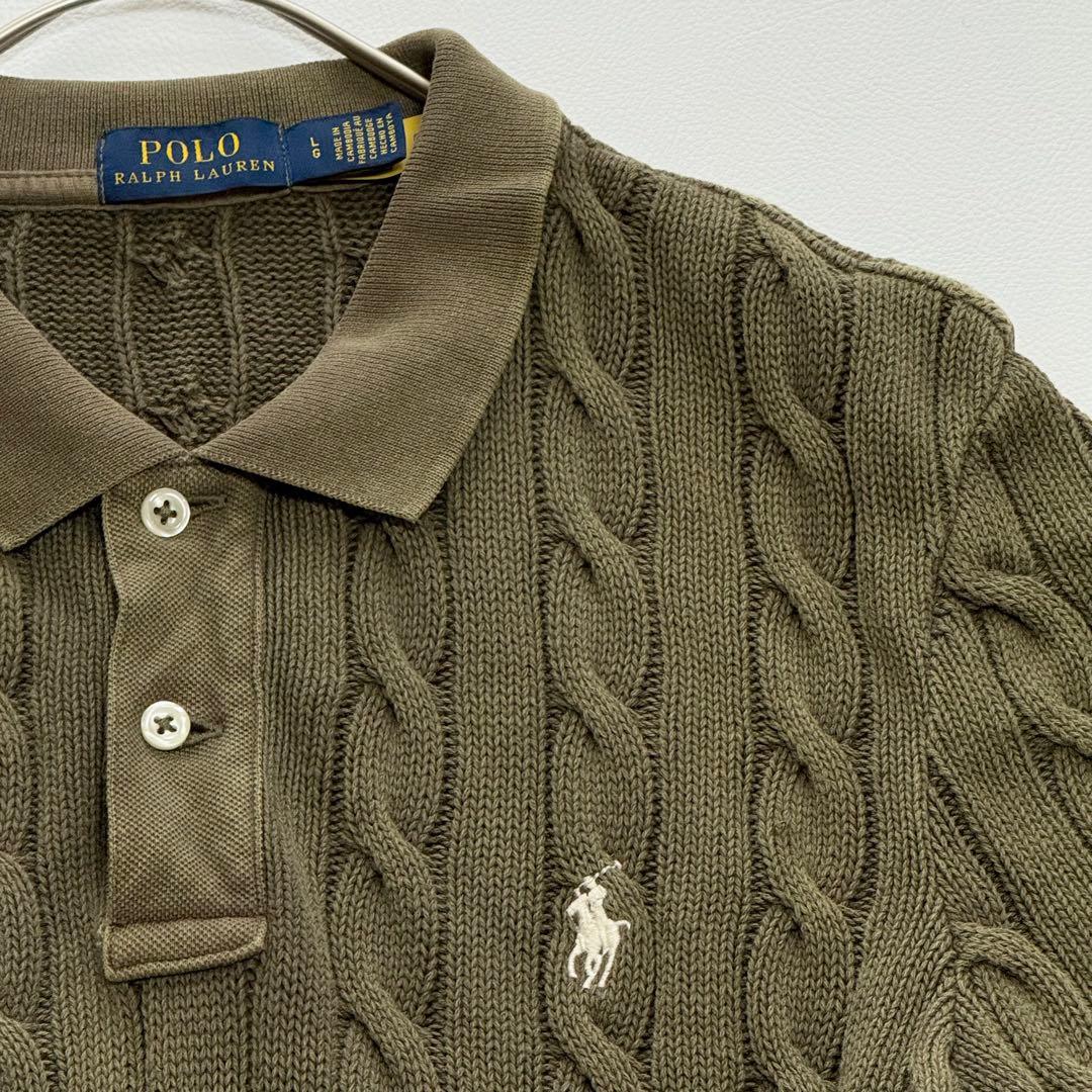 現行　POLO RALPH LAURENケーブルニットポロシャツ L オリーブ
