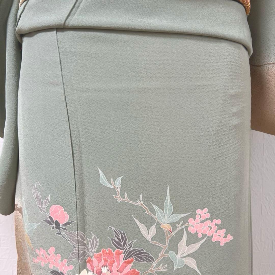 455 訪問着フルセット 正絹 くすみグリーン 灰緑 友禅 金彩 刺繍 暈し染め