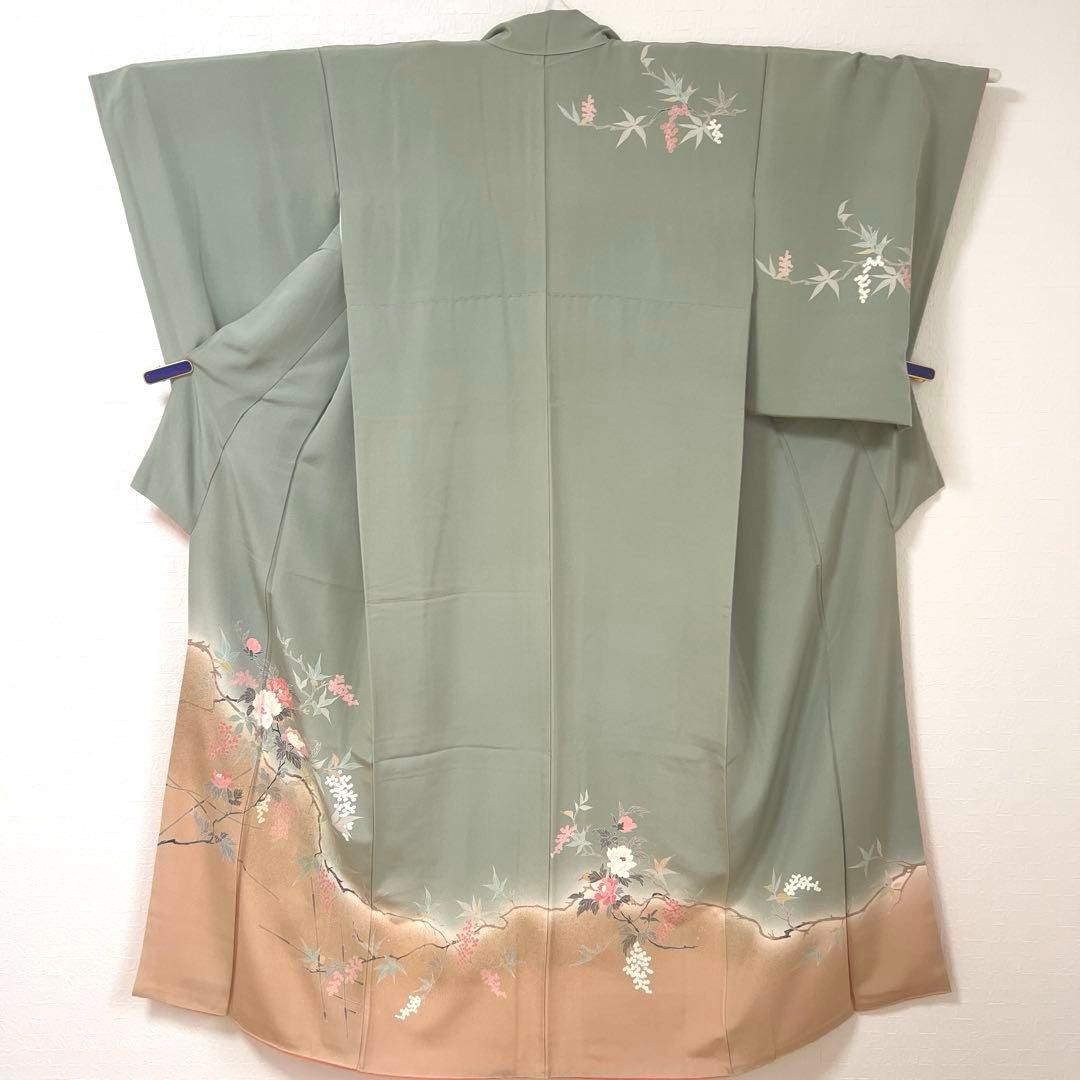 455 訪問着フルセット 正絹 くすみグリーン 灰緑 友禅 金彩 刺繍 暈し染め