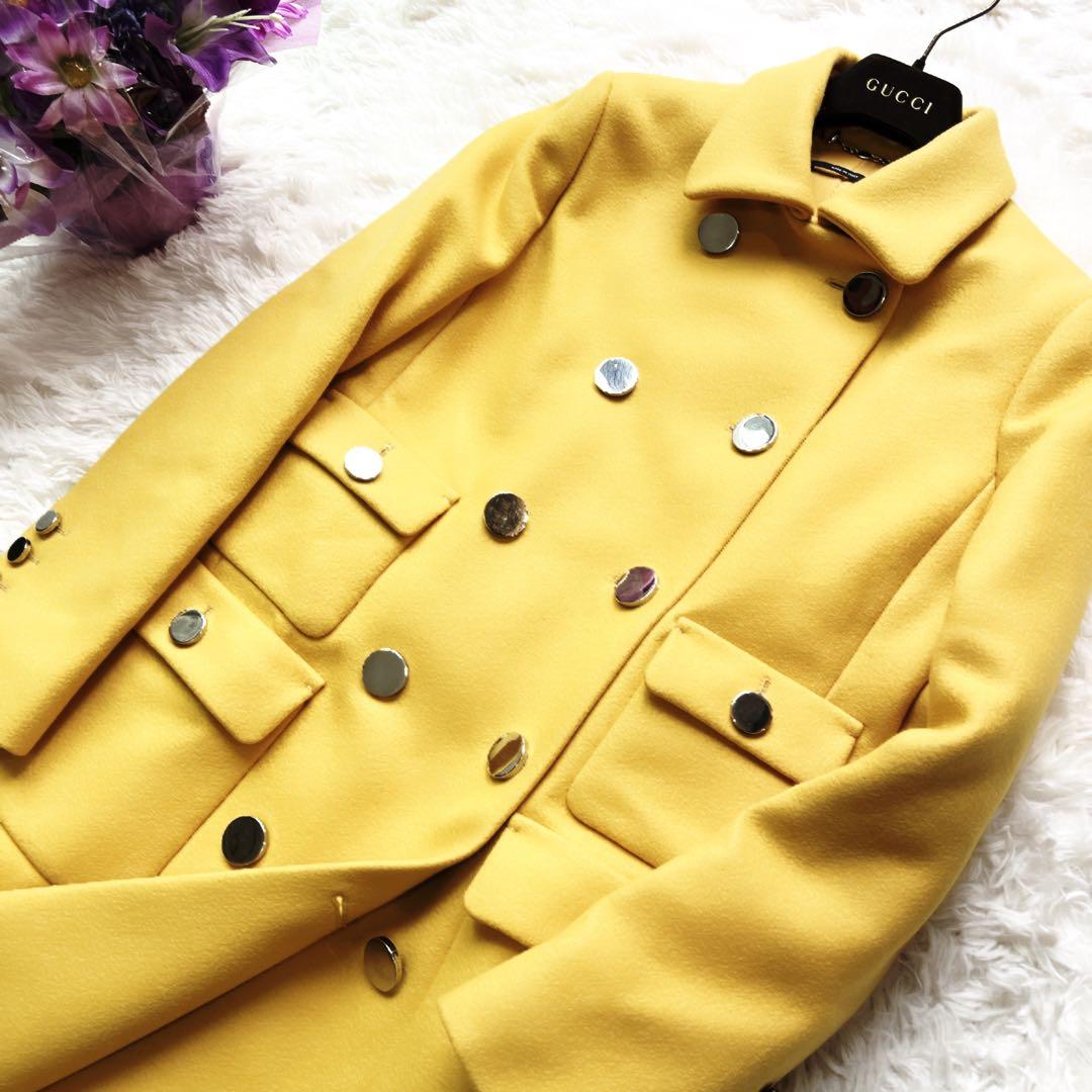 美品　GUCCIグッチ　ウール　ダブルブレスト　コート　イエロー　シルバー　ロゴ