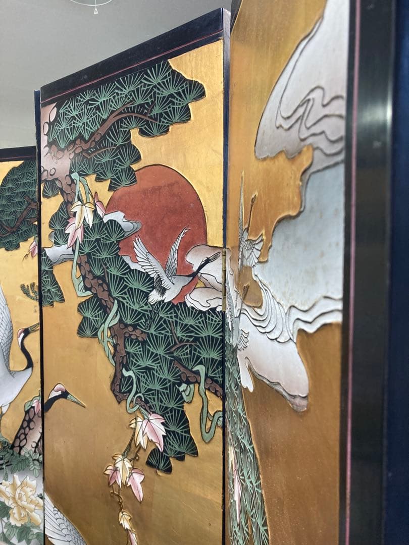 【TI】中国骨董貴重品！　美しい鶴と花の屏風 四つ折り　I-607