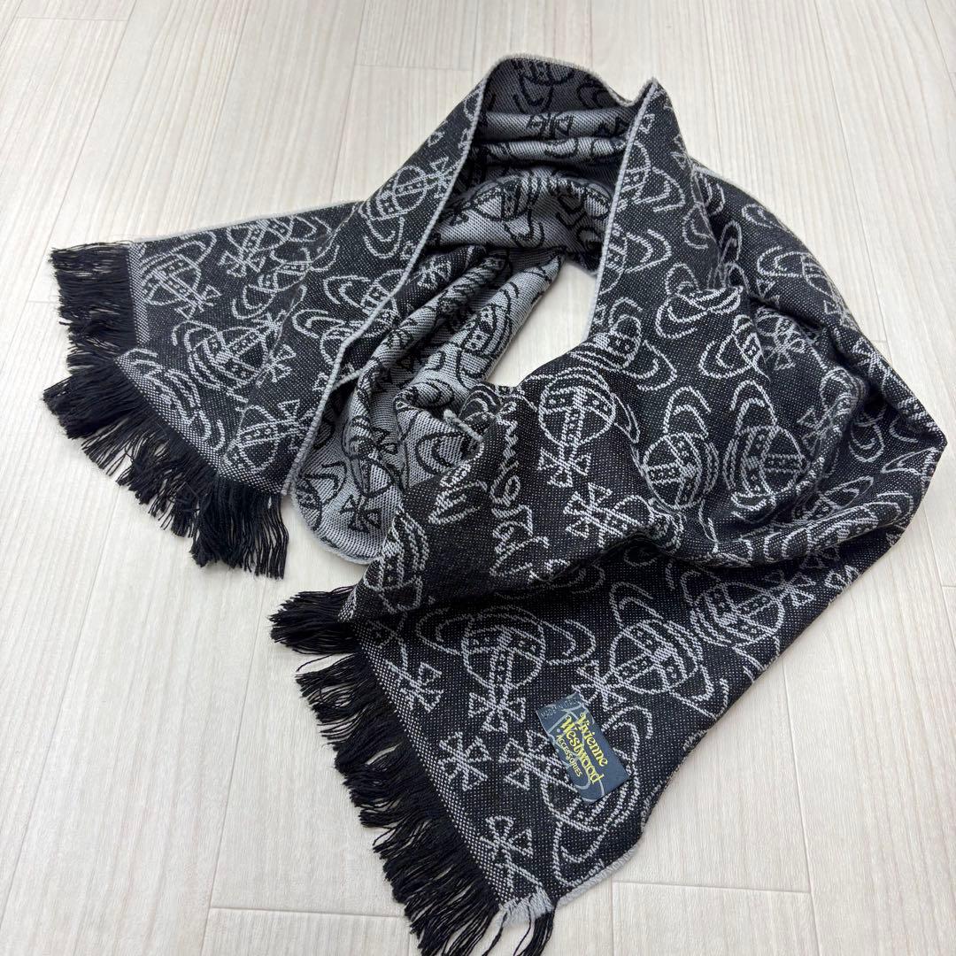 ☆ ヴィヴィアンウエストウッド マフラー オーブ 総柄 ブラック グレー