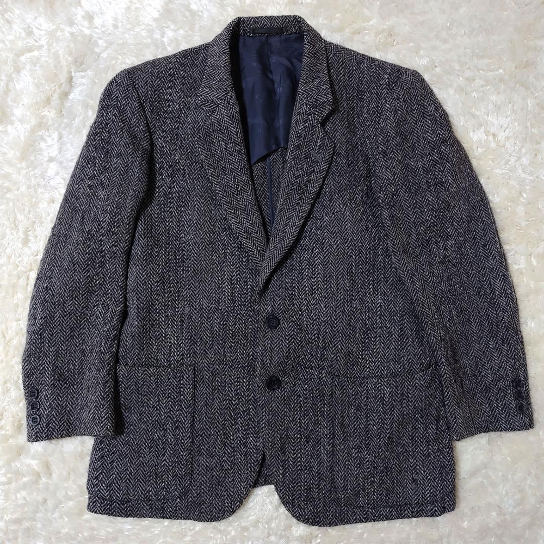 美品 ハリスツイード テーラードジャケット ヘリンボーン ウッドボタン 日本製