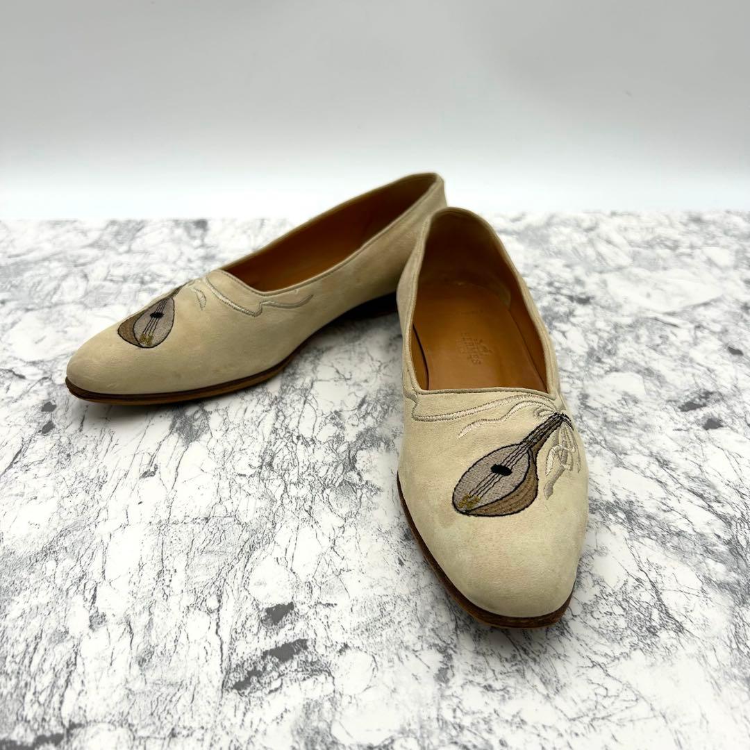 エルメス　パンプス　モカシン　マンドリン　刺繍　スウェード　24cm