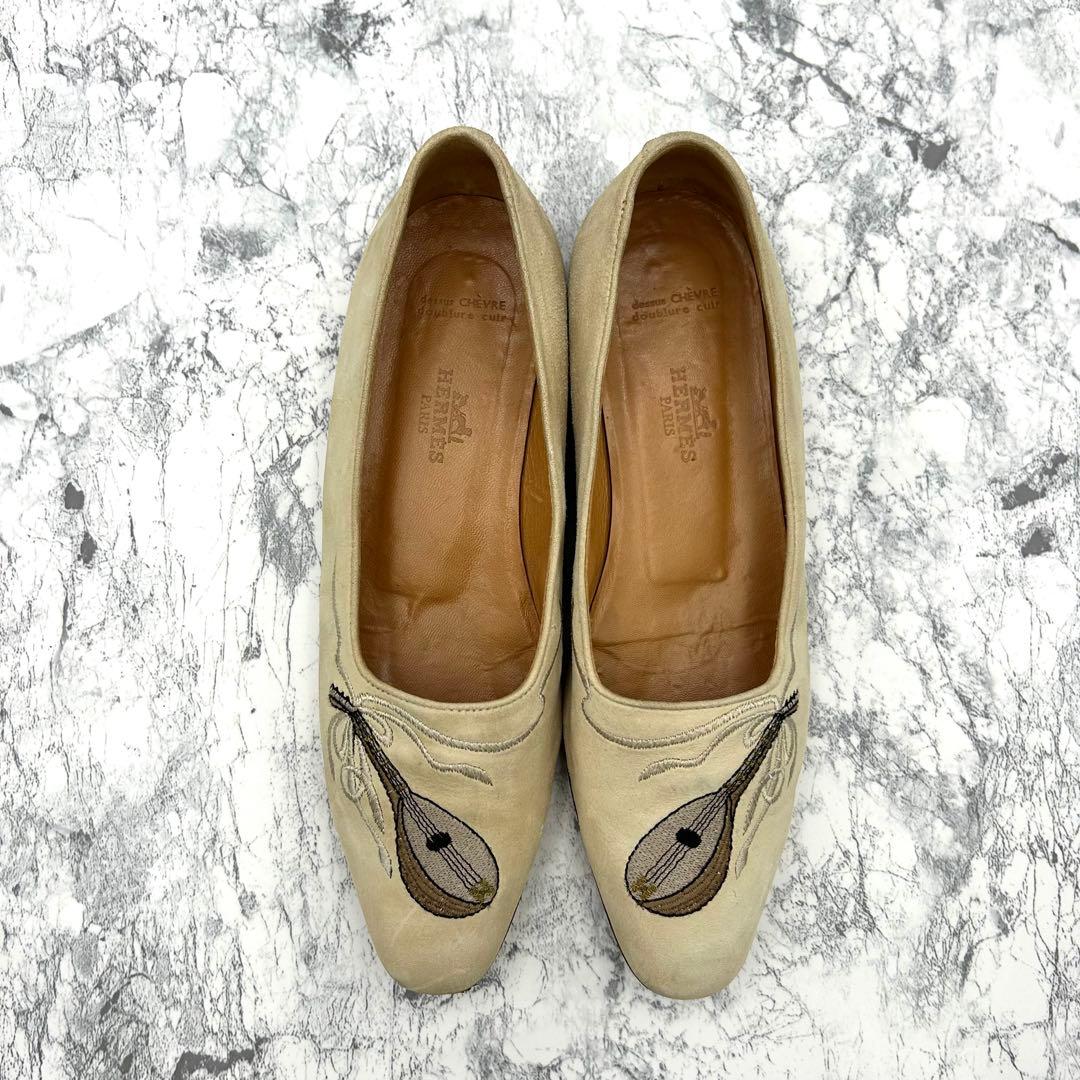 エルメス　パンプス　モカシン　マンドリン　刺繍　スウェード　24cm