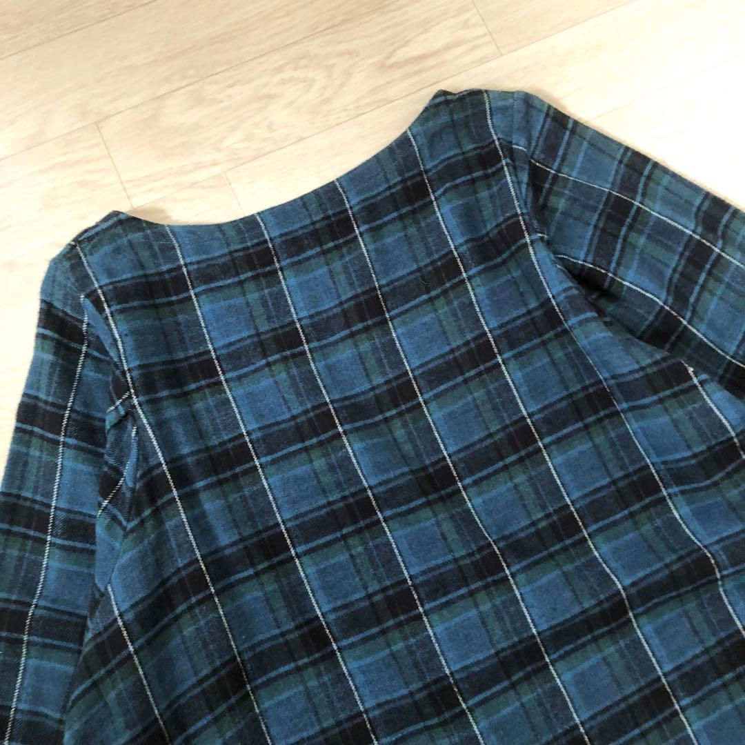 45R インドネル　チェック柄ワンピース Rロゴ刺繍入り　ふっくら袖