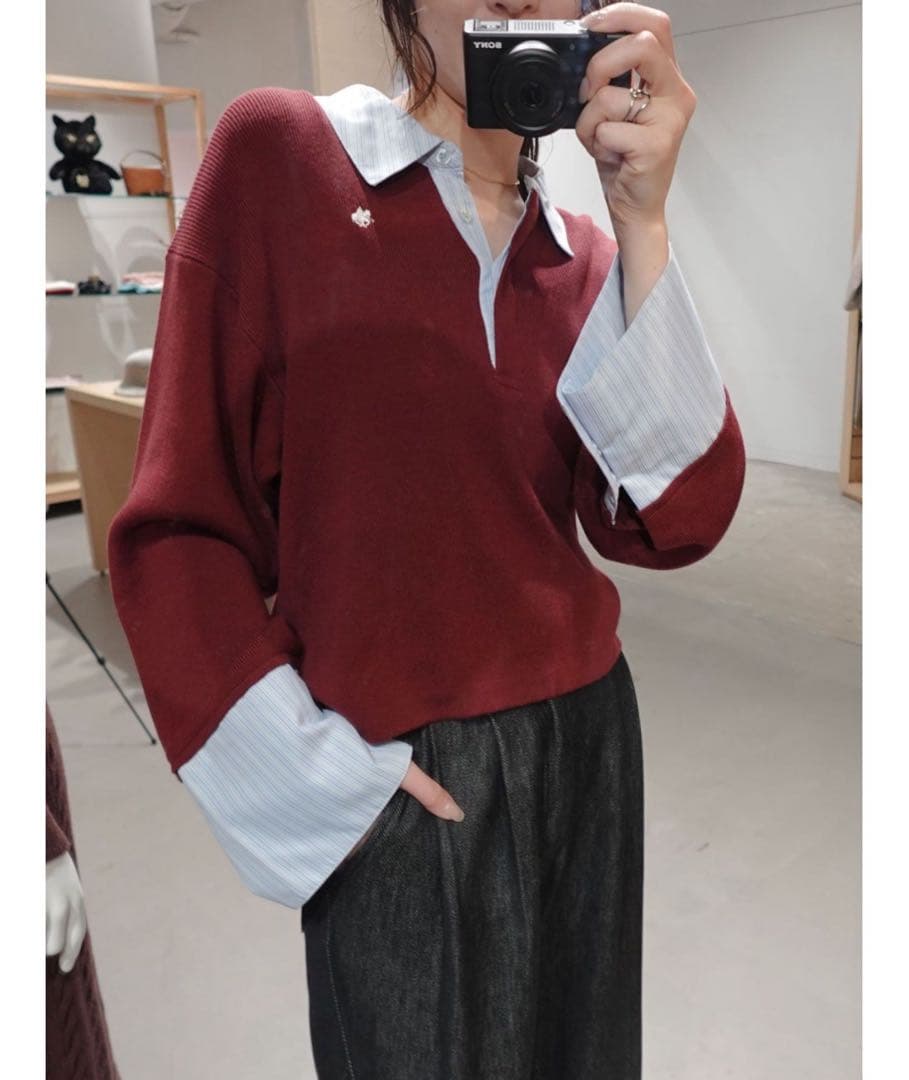 【POLO BCSコラボ】シャツカラーカフスニットプルオーバー　ボルドー