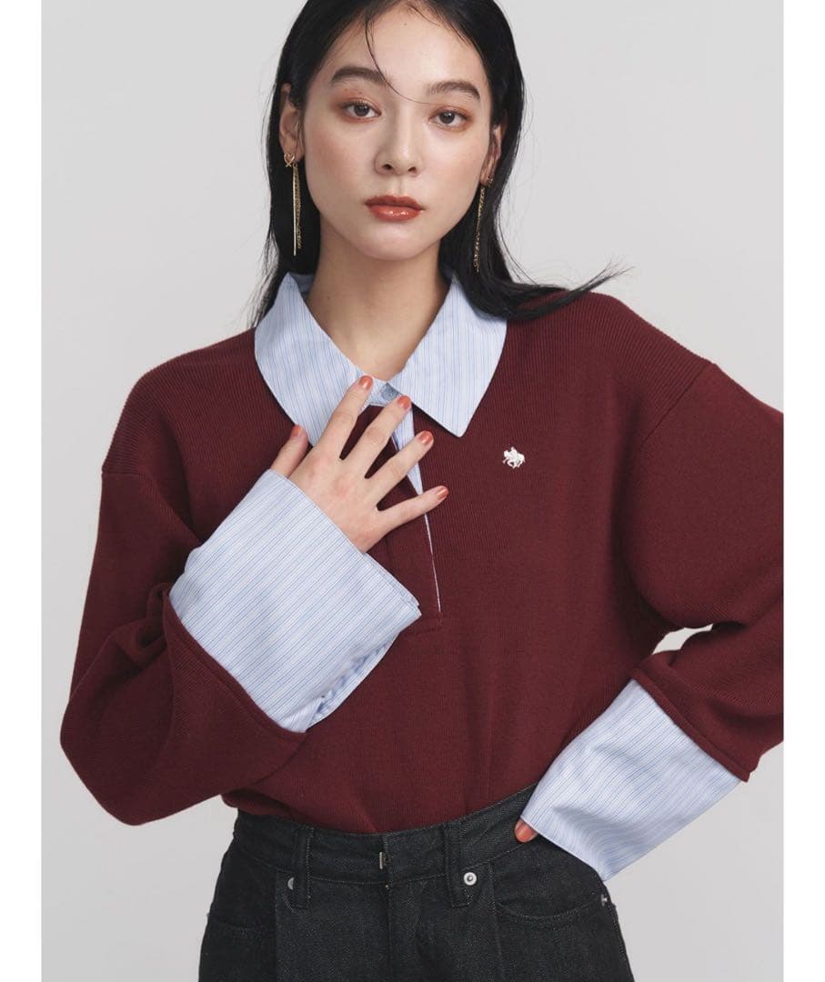 【POLO BCSコラボ】シャツカラーカフスニットプルオーバー　ボルドー