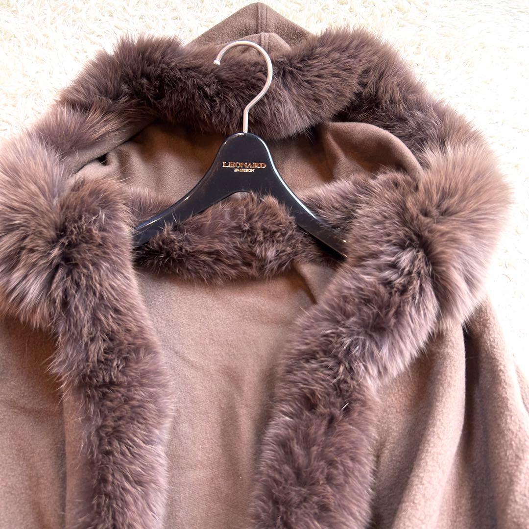 【カシミヤ✨️フォックス ポンチョ】 フード付き 本毛皮 マント コート 茶