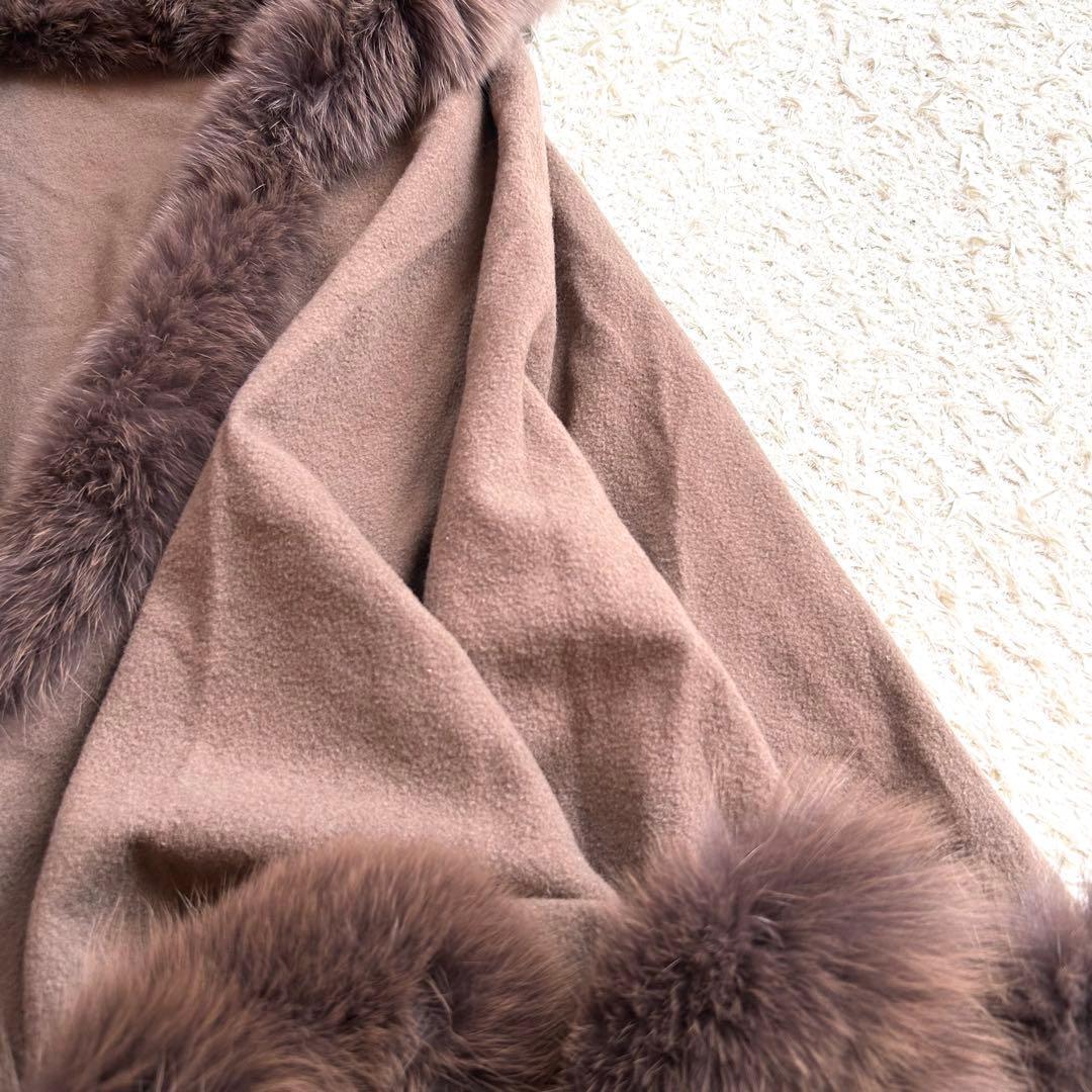 【カシミヤ✨️フォックス ポンチョ】 フード付き 本毛皮 マント コート 茶
