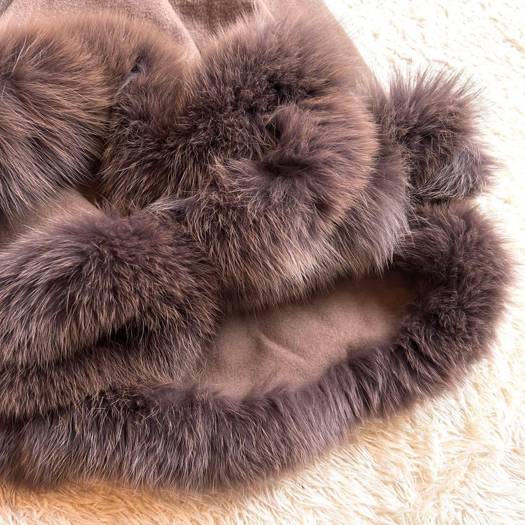 【カシミヤ✨️フォックス ポンチョ】 フード付き 本毛皮 マント コート 茶