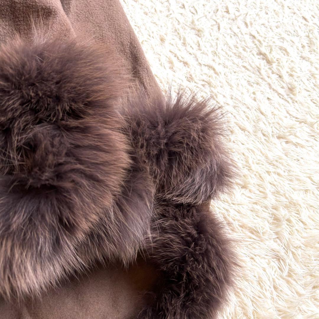 【カシミヤ✨️フォックス ポンチョ】 フード付き 本毛皮 マント コート 茶