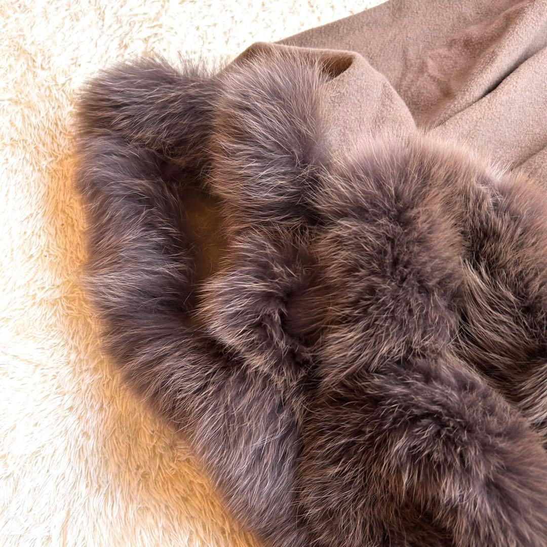 【カシミヤ✨️フォックス ポンチョ】 フード付き 本毛皮 マント コート 茶