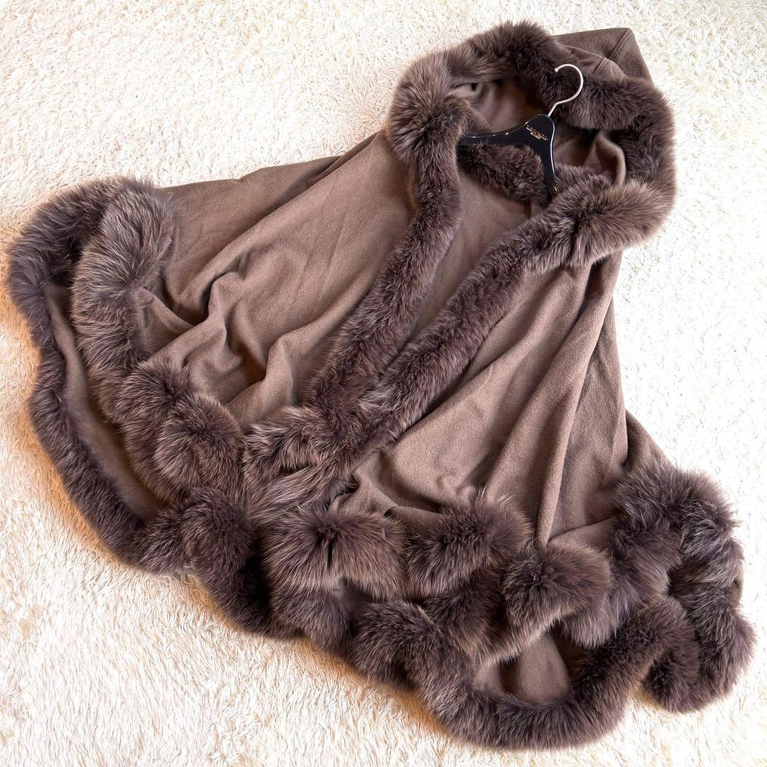 【カシミヤ✨️フォックス ポンチョ】 フード付き 本毛皮 マント コート 茶