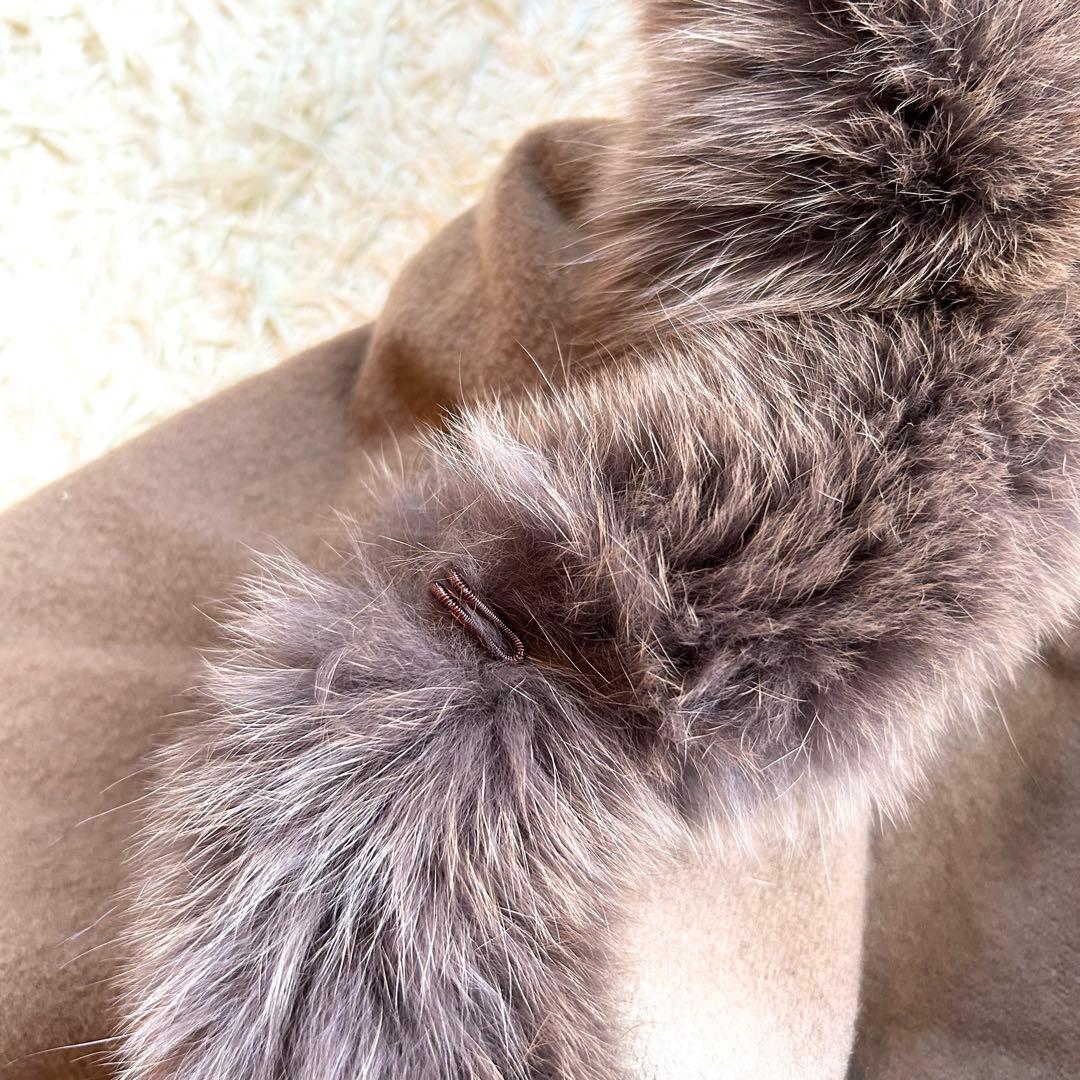 【カシミヤ✨️フォックス ポンチョ】 フード付き 本毛皮 マント コート 茶