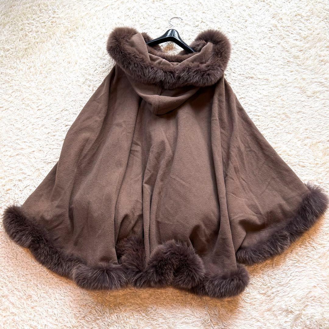 【カシミヤ✨️フォックス ポンチョ】 フード付き 本毛皮 マント コート 茶
