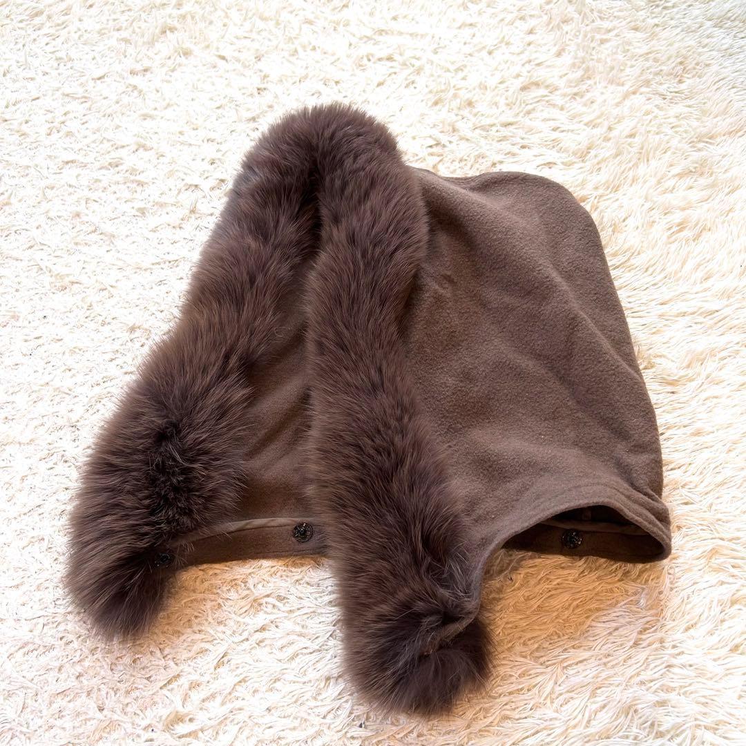 【カシミヤ✨️フォックス ポンチョ】 フード付き 本毛皮 マント コート 茶