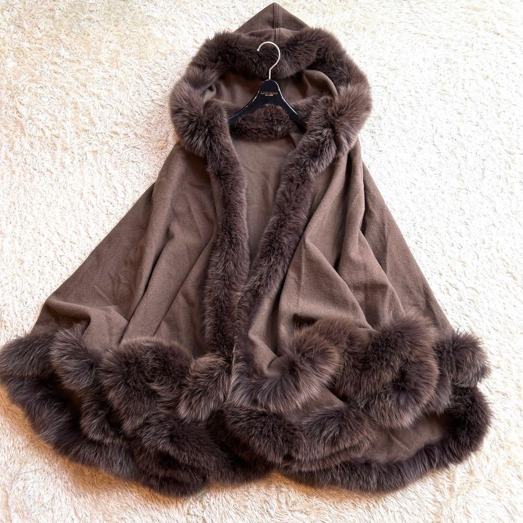 【カシミヤ✨️フォックス ポンチョ】 フード付き 本毛皮 マント コート 茶