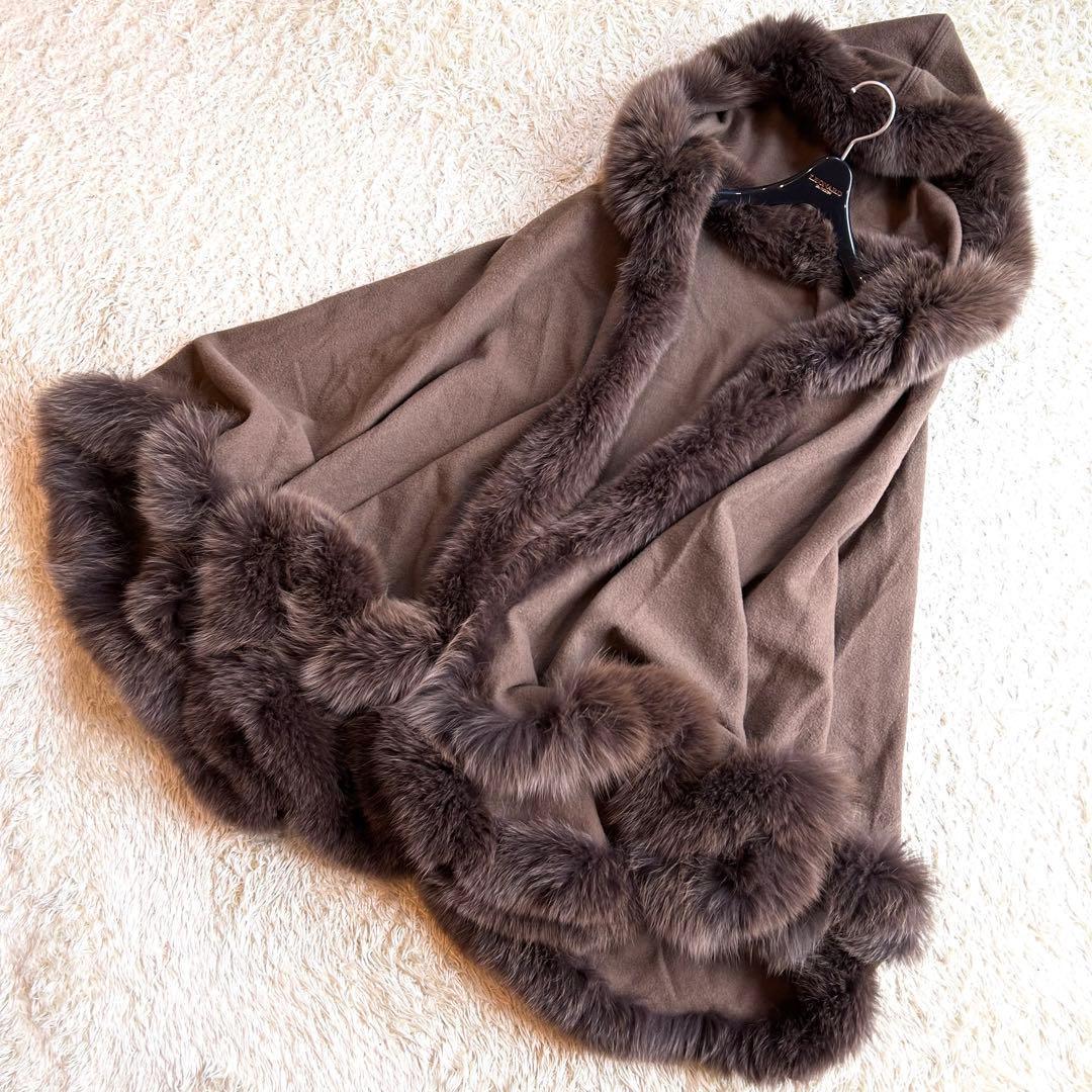 【カシミヤ✨️フォックス ポンチョ】 フード付き 本毛皮 マント コート 茶
