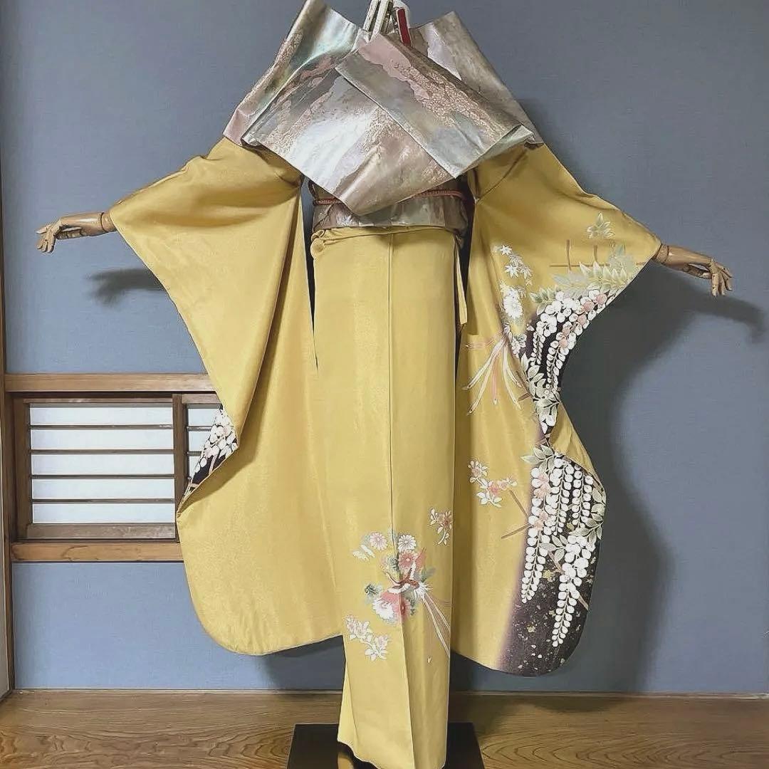振袖フルセット　高身長　手描き友禅　鳳凰　成人式振袖　振袖　黄色