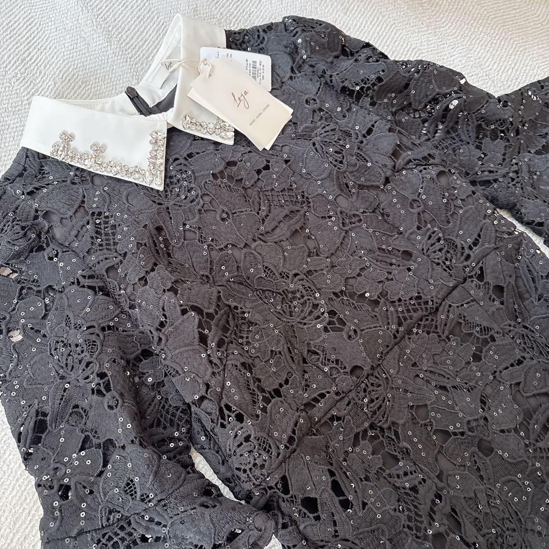 新品✨LEJA ビジューカラー 花柄フリル マーメイドドレス S 黒 結婚式