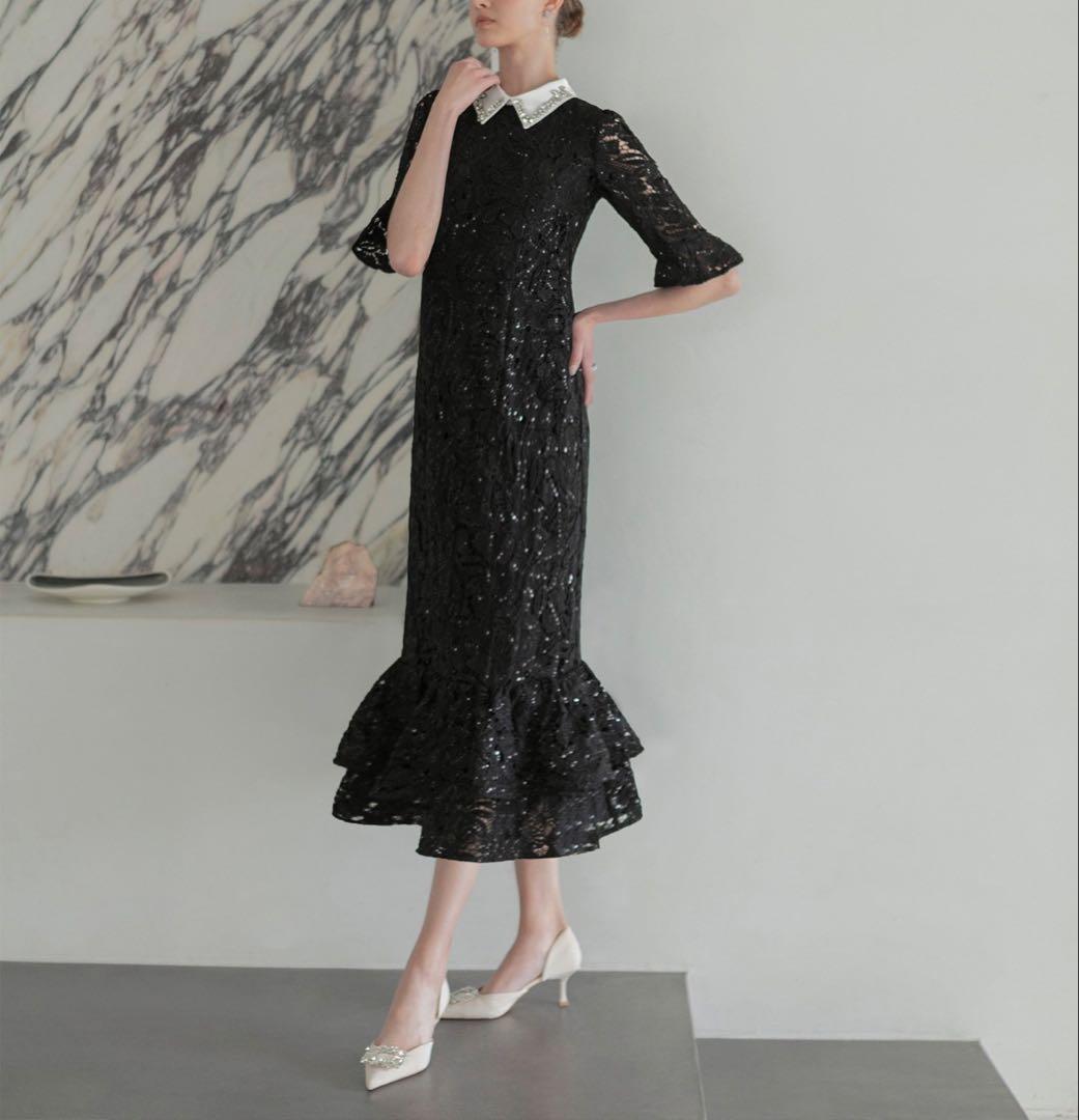 新品✨LEJA ビジューカラー 花柄フリル マーメイドドレス S 黒 結婚式